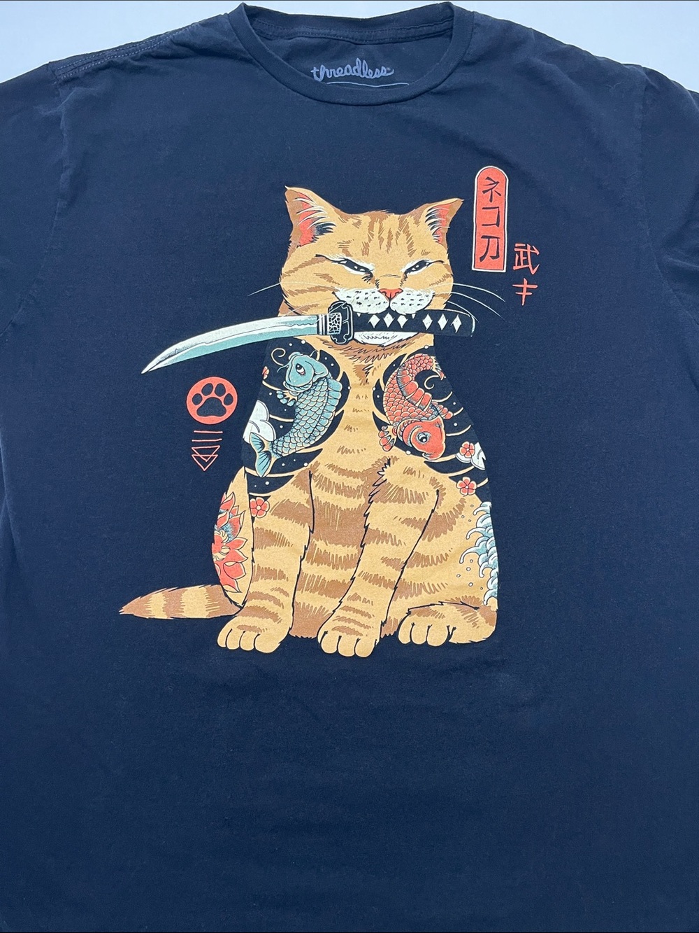 Threadless Samurai Cat Graphic T-Shirt Black Vincent Trinidad Men’s L